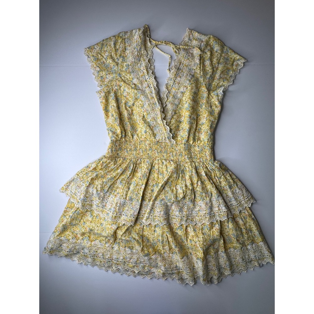American Eagle Yellow Floral Eyelet Lace Tiered Mini Dress Womens Size L New